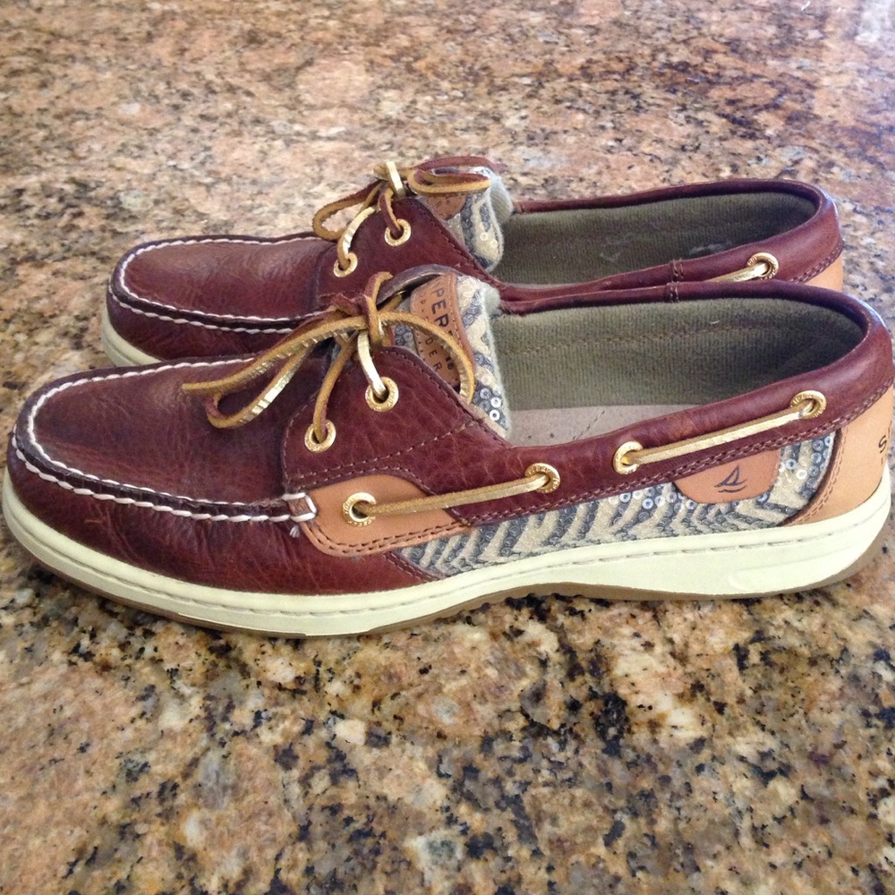 Brown Sperrys, Zebra Pattern With Sequins! Size 9 - image 1